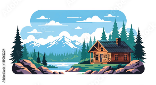 Canadian log cabin with pine trees and lake reflection, modern flat vector illustration showing northern rural residential architecture