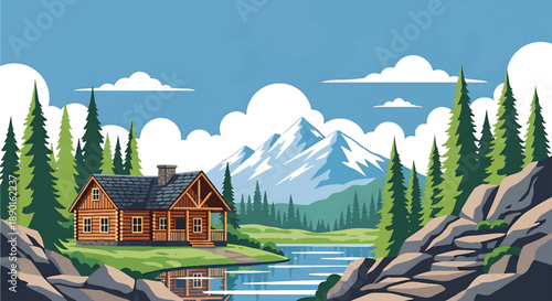 Canadian log cabin with pine trees and lake reflection, modern flat vector illustration showing northern rural residential architecture