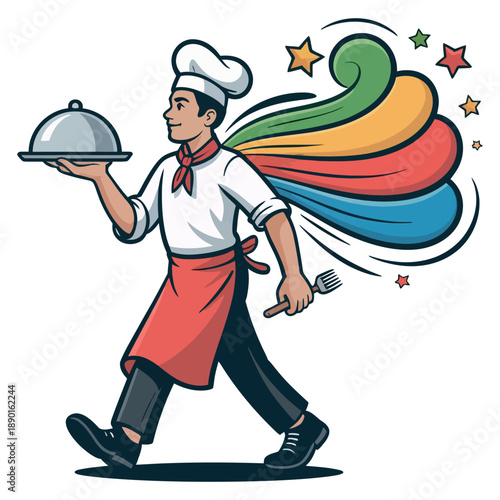 Chef carrying a silver cloche food cover demonstrates culinary excellence while flying with a.
