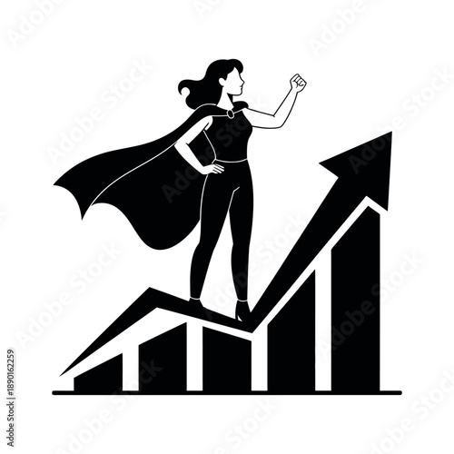Businesswoman standing atop an upward trending bar graph symbolizes exceptional corporate growth.