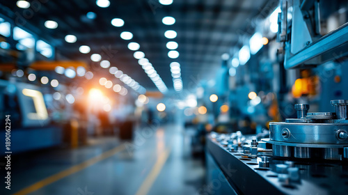Dark industrial interior with rows of machinery, long perspective view, manufacturing facility, equipment arrangement, factory floor, defocused production area, with copy space