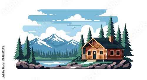 Canadian log cabin with pine trees and lake reflection, modern flat vector illustration showing northern rural residential architecture