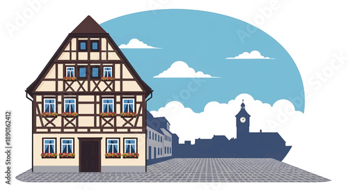 German half-timbered house with cobblestone street, modern flat vector illustration showing European residential heritage architecture