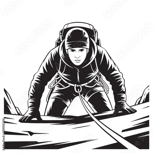 Mountain climber ascending steep rocky peak with professional climbing equipment and safety ropes vector illustration for outdoor adventure gear brand and extreme sports training
