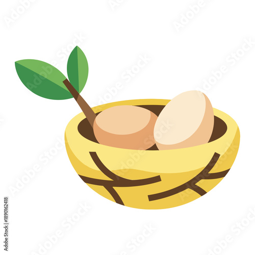 Small nest containing two light brown eggs and a sprouting green leaf branch rests simply.