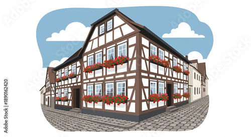 German half-timbered house with cobblestone street, modern flat vector illustration showing European residential heritage architecture