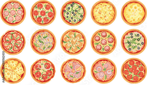 Italian pizza vector set with assorted toppings, sliced round pizzas, cheese, pepperoni, vegetables and meat varieties isolated on white background for menu and food design