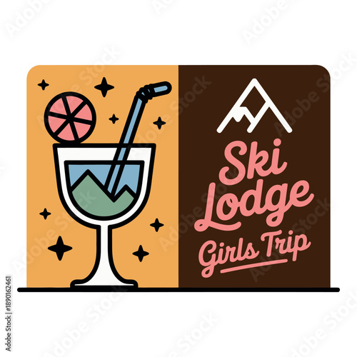 Retro style ski lodge girls trip emblem features cocktail drink and mountain icon design.