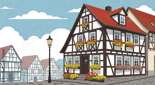 German half-timbered house with cobblestone street, modern flat vector illustration showing European residential heritage architecture