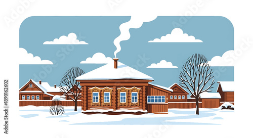 Russian countryside wooden house with snowy yard and chimney smoke, modern flat vector illustration showing cold climate architecture