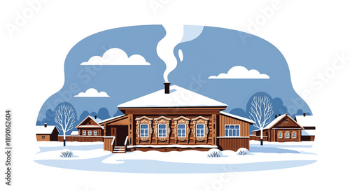 Russian countryside wooden house with snowy yard and chimney smoke, modern flat vector illustration showing cold climate architecture