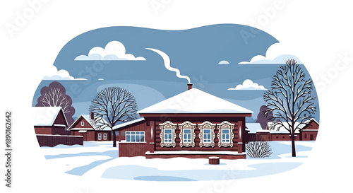 Russian countryside wooden house with snowy yard and chimney smoke, modern flat vector illustration showing cold climate architecture