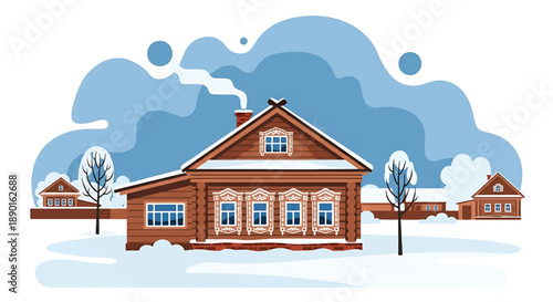 Russian countryside wooden house with snowy yard and chimney smoke, modern flat vector illustration showing cold climate architecture