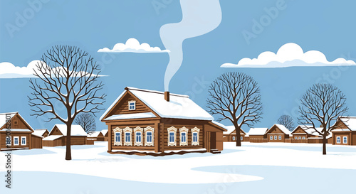 Russian countryside wooden house with snowy yard and chimney smoke, modern flat vector illustration showing cold climate architecture