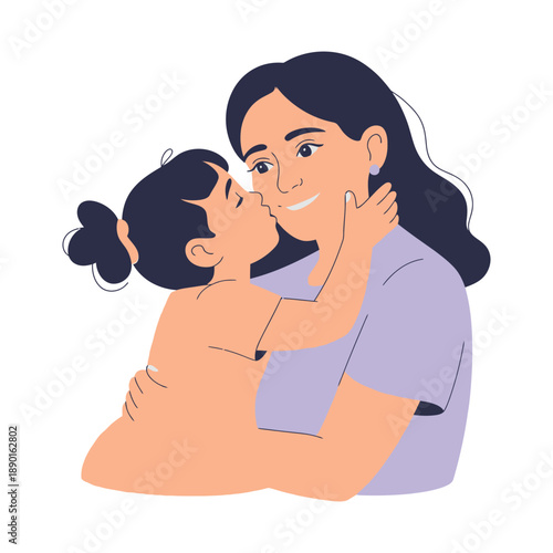 Mother embraces her young daughter who tenderly kisses her cheek in a loving affectionate moment.