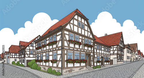 German half-timbered house with cobblestone street, modern flat vector illustration showing European residential heritage architecture