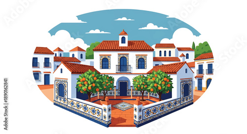 Spanish courtyard house with tiled patio and orange trees, modern flat vector illustration showing warm European residential style