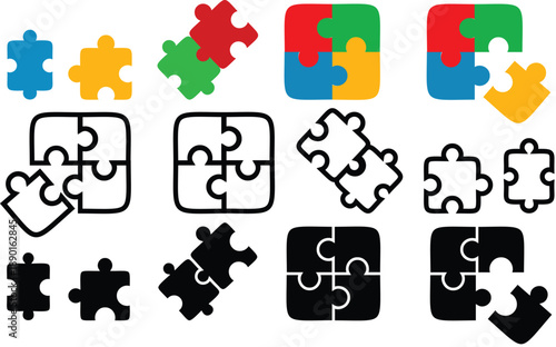 Collection of colorful, outline, and solid black puzzle pieces in various arrangements, symbolizing connection and problem-solving.
