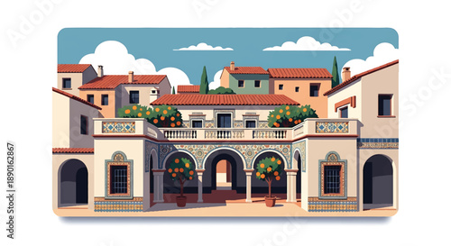 Spanish courtyard house with tiled patio and orange trees, modern flat vector illustration showing warm European residential style