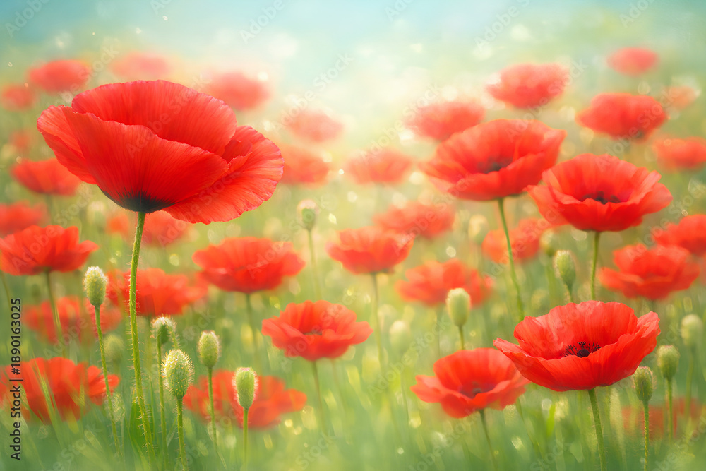 Fototapeta premium dreamy red poppy flowers blooming across a sunlit green meadow creating a soft romantic spring nature background