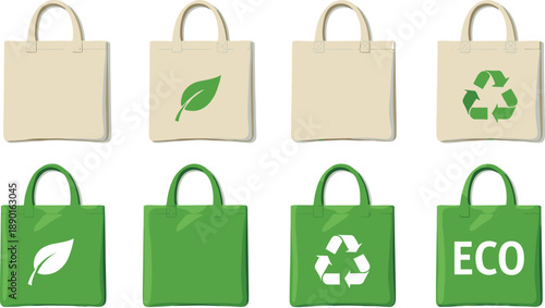 Eco friendly shopping bag vector set with reusable tote bags, recycling symbols, green leaf icons and sustainable fabric bags isolated on white background for environmental design