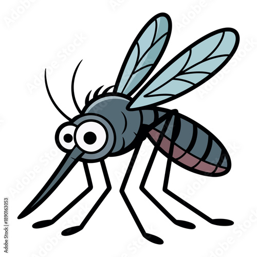 Cartoon mosquito illustration shows the insect clearly with large eyes and detailed wings on white.