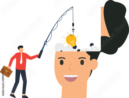 Human head open brain, idea light bulb fishing, businessman searching solution, creative thinking process, innovation concept strategy, intellectual property success.