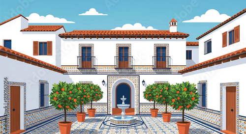 Spanish courtyard house with tiled patio and orange trees, modern flat vector illustration showing warm European residential style