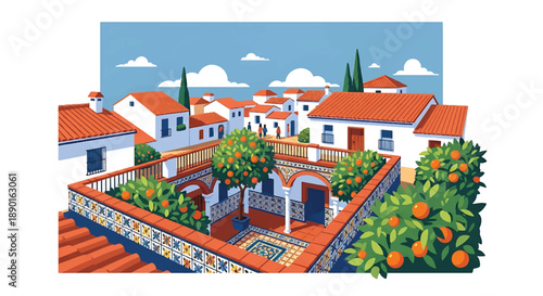 Spanish courtyard house with tiled patio and orange trees, modern flat vector illustration showing warm European residential style