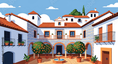 Spanish courtyard house with tiled patio and orange trees, modern flat vector illustration showing warm European residential style