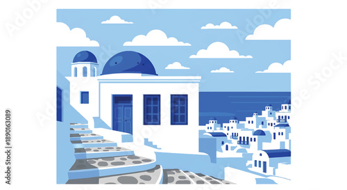 Greek island house with stone stairs and sea view, modern flat vector illustration showing Mediterranean coastal residential architecture