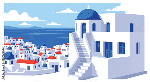 Greek island house with stone stairs and sea view, modern flat vector illustration showing Mediterranean coastal residential architecture