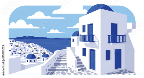 Greek island house with stone stairs and sea view, modern flat vector illustration showing Mediterranean coastal residential architecture
