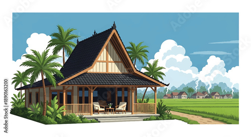 Indonesian tropical house with veranda and rice field background, modern flat vector illustration showing Southeast Asian residential architecture