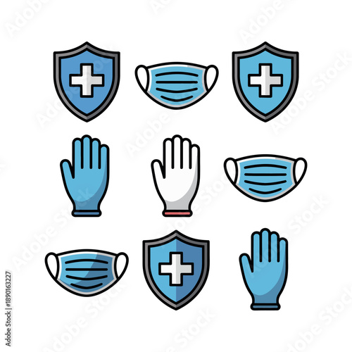 Medical protection icons display various arrangements of face masks, protective shields,.