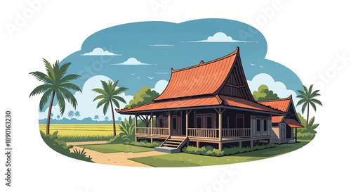 Indonesian tropical house with veranda and rice field background, modern flat vector illustration showing Southeast Asian residential architecture