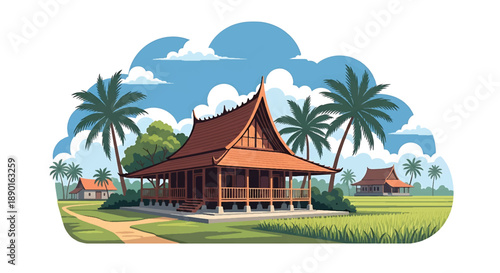 Indonesian tropical house with veranda and rice field background, modern flat vector illustration showing Southeast Asian residential architecture