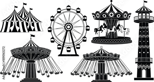 Amusement park silhouette vector set with carousel, ferris wheel, swing ride, circus tent and observation tower isolated on white background for carnival and fair design