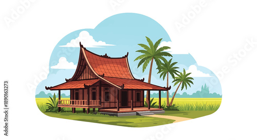 Indonesian tropical house with veranda and rice field background, modern flat vector illustration showing Southeast Asian residential architecture