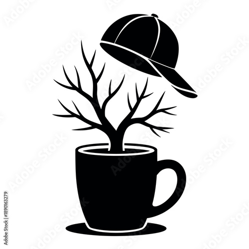 Dead tree branches sprouting from a coffee mug while a baseball cap floats above in a dark graphic.