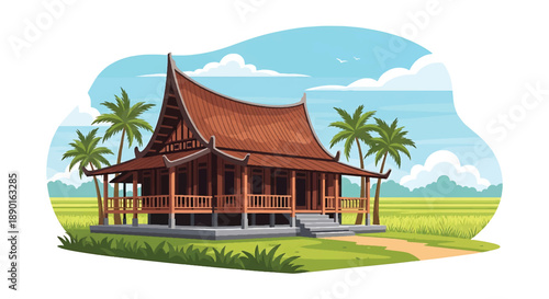 Indonesian tropical house with veranda and rice field background, modern flat vector illustration showing Southeast Asian residential architecture