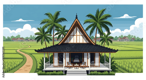 Indonesian tropical house with veranda and rice field background, modern flat vector illustration showing Southeast Asian residential architecture
