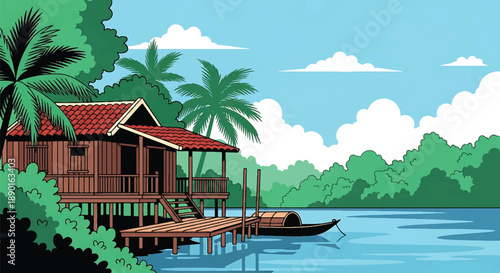 Vietnamese riverside stilt house with wooden deck and boat, modern flat vector illustration showing river-based residential architecture