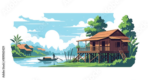 Vietnamese riverside stilt house with wooden deck and boat, modern flat vector illustration showing river-based residential architecture