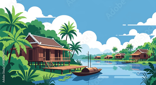 Vietnamese riverside stilt house with wooden deck and boat, modern flat vector illustration showing river-based residential architecture