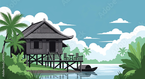 Vietnamese riverside stilt house with wooden deck and boat, modern flat vector illustration showing river-based residential architecture