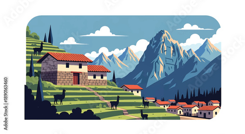 Peruvian mountain house with stone walls and terraced hills, modern flat vector illustration showing Andean residential architecture