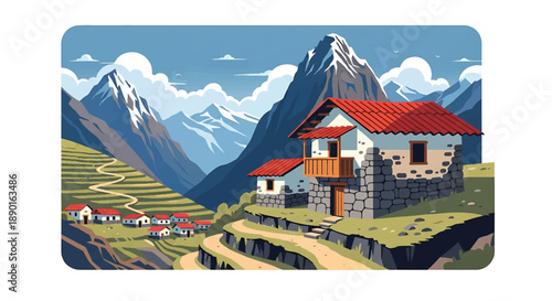 Peruvian mountain house with stone walls and terraced hills, modern flat vector illustration showing Andean residential architecture