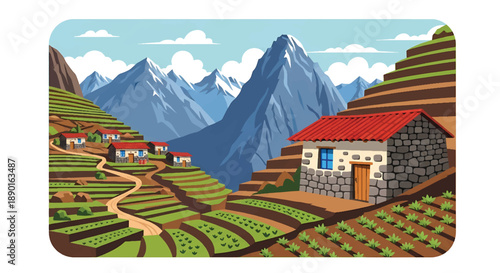 Peruvian mountain house with stone walls and terraced hills, modern flat vector illustration showing Andean residential architecture