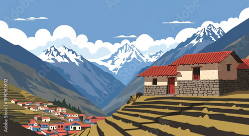 Peruvian mountain house with stone walls and terraced hills, modern flat vector illustration showing Andean residential architecture